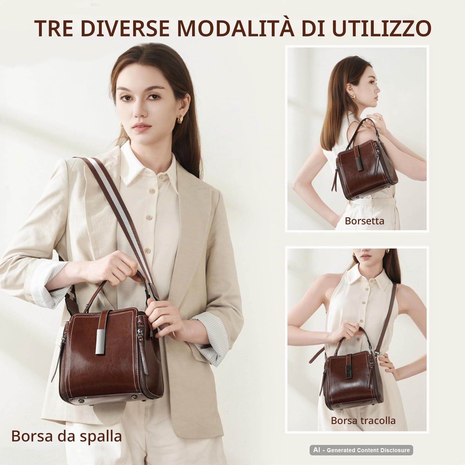 Borsa a tracolla in vera pelle da donna, borsa a secchiello con spallacci regolabili