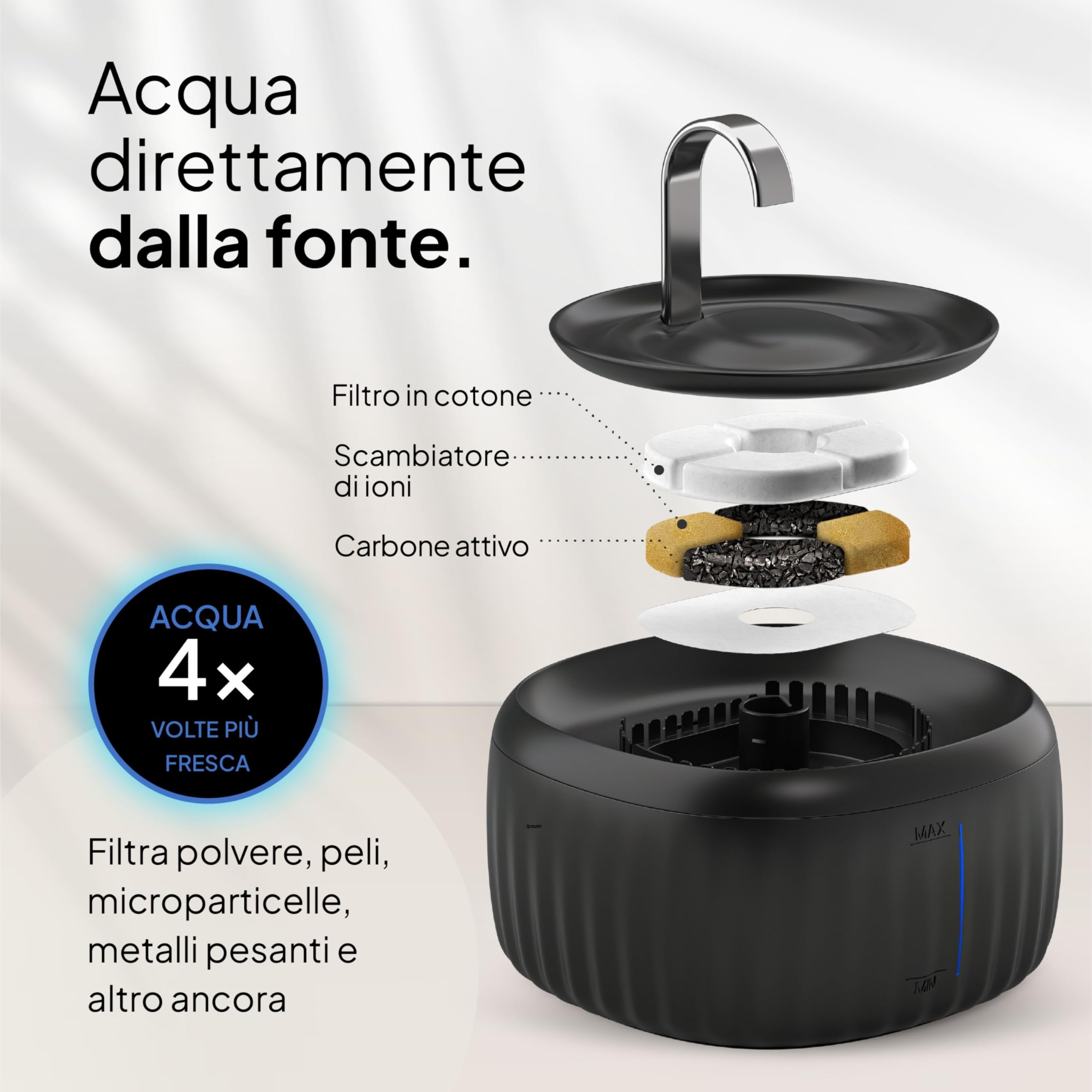 Pretty Paw Fontanella Gatti da Interno 3L con Indicatore LED Livello - Dispenser Acqua Gatti Silenzioso con Filtro Carbone Attivo e Resina, Beccuccio in Metallo, BPA Free - Aqua flow Pro (Nero)