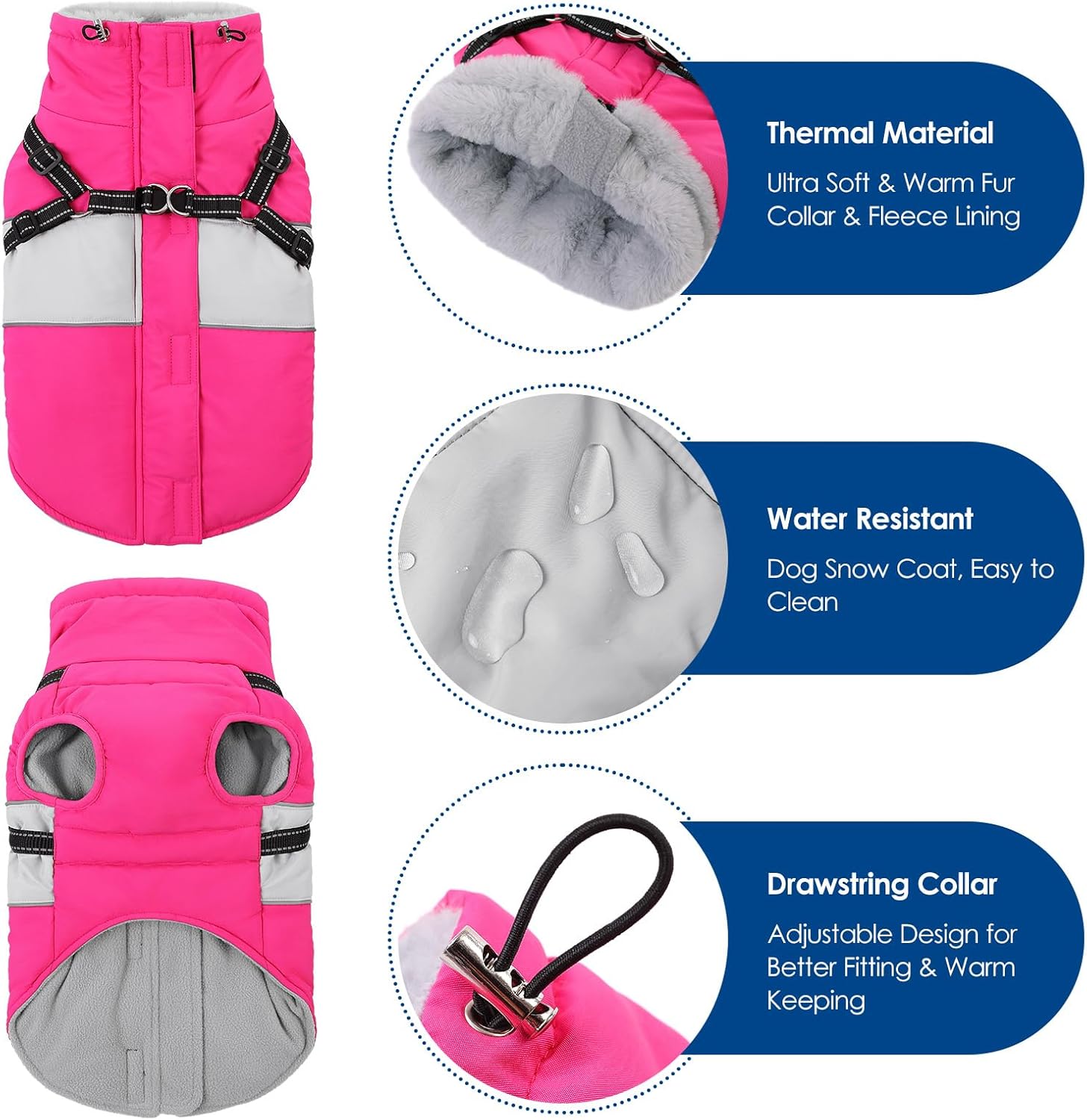 KOESON Dog Coat, Warm Dog Winter Jacket with Harness Built-in for Easy Walk, Fleece Lined Cold Weather Coat for Medium Dogs, Waterproof Puffer Jacket for French Bulldog, Corgi, Beagle, Hot Pink M