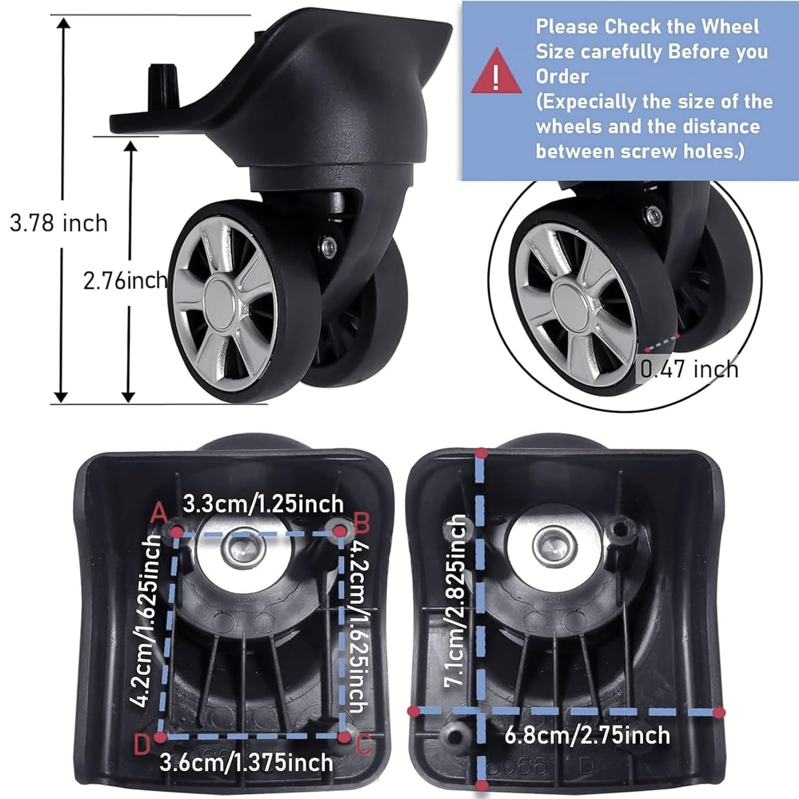 Tobeso-Nuoze Suitcase Replacement Wheels for Suitcase Repair 360° Rotating Case Replacement Wheels with 4 Mounting Holes H330 (Set of 4) - Image 2