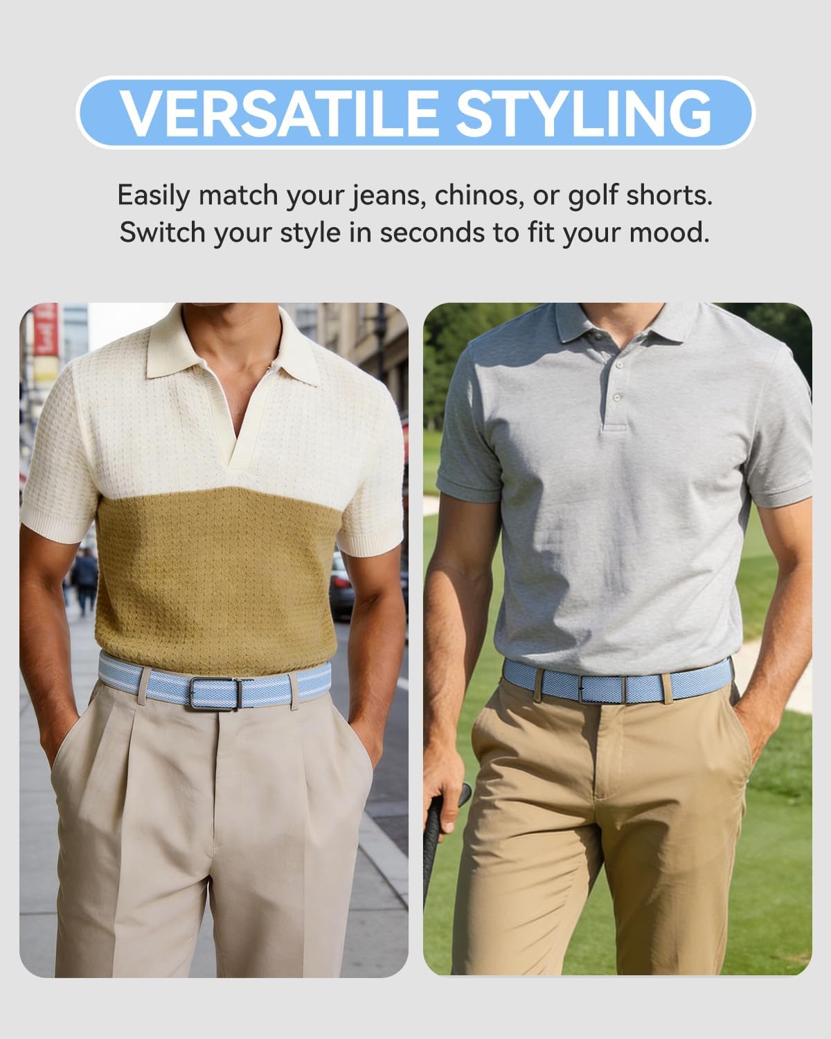 Reversible Belts for Men, 2-in-1 Stretch Braided Golf Belt, Holeless Elastic Web with Rotatable Buckle, 1.3" Wide