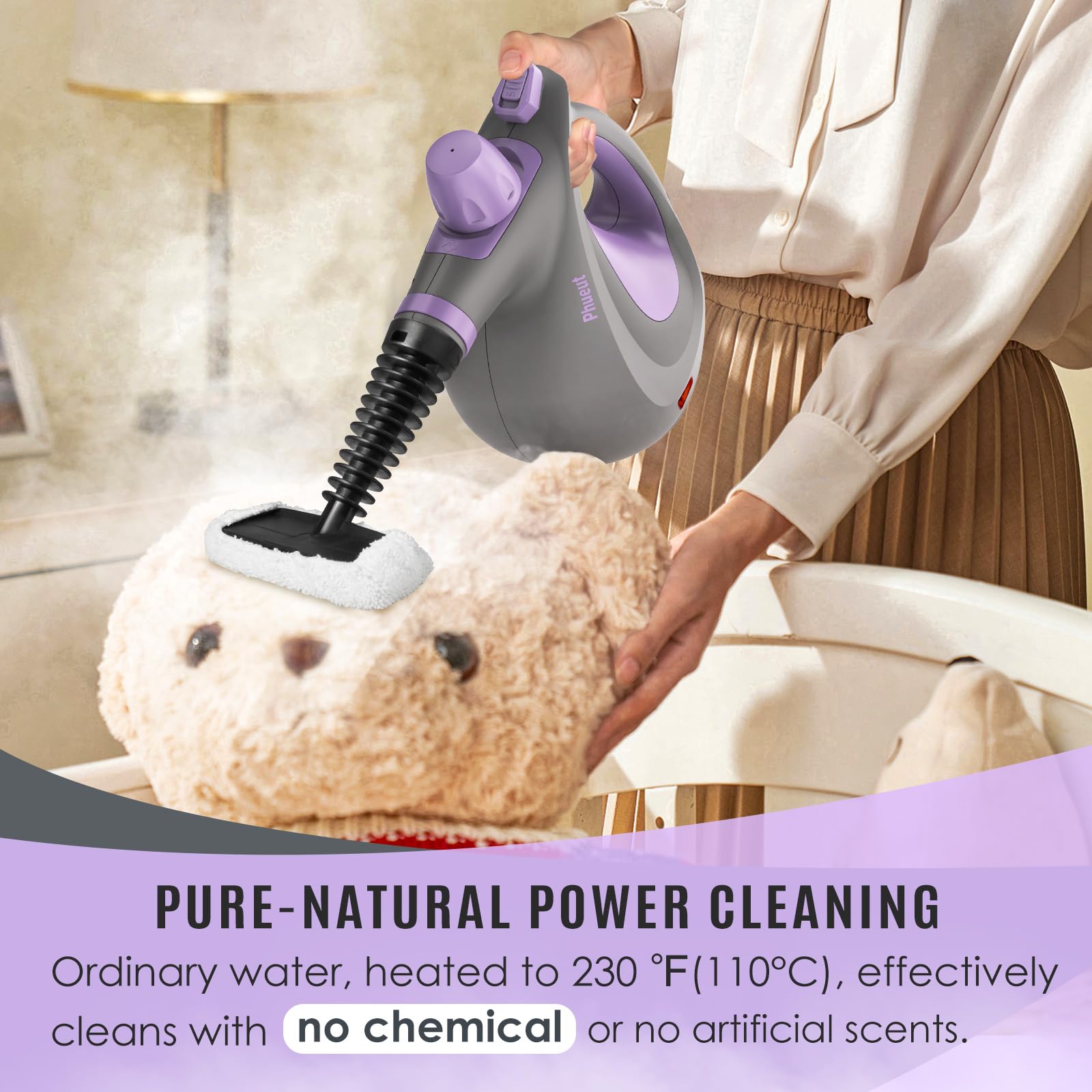 Pressurized Handheld Multi-Surface Natural Steam Cleaner with 12 pcs Accessories, Multi-Purpose Steamer for Home Use, Steamer for Cleaning Floor, Upholstery, Grout and Car () (Grey): Purple
