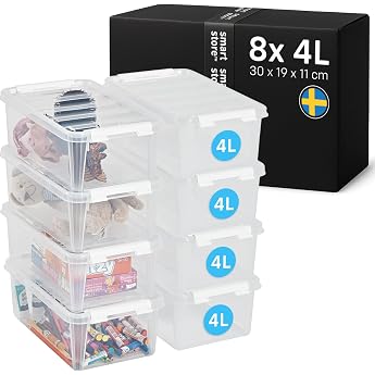 SmartStore 8 x 4 L Small Plastic Storage Boxes with Lids Stackable and Nesting Food Safe Clip Lock L30 x W19 x H11 cm White
