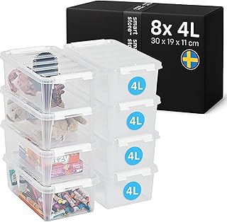 SmartStore Kleine Aufbewahrungsboxen aus Kunststoff, 4 l, mit Deckeln, 8 Stück, stapelbar und ineinander steckbar, lebensmittelecht, Clipverschluss, L 30 x B 19 x H 11 cm, Weis