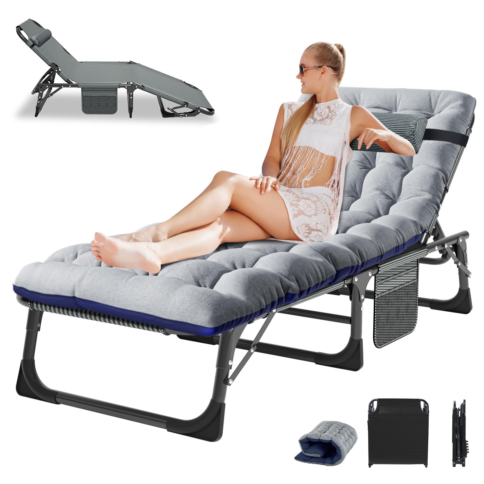 LILYPELLE Lounge Chair with Mattress, Heavy Duty Outside Lounge Chair Outdoor Portable Folding Lounge Chairs Sleeping Cots Bed for Camping, Pool,