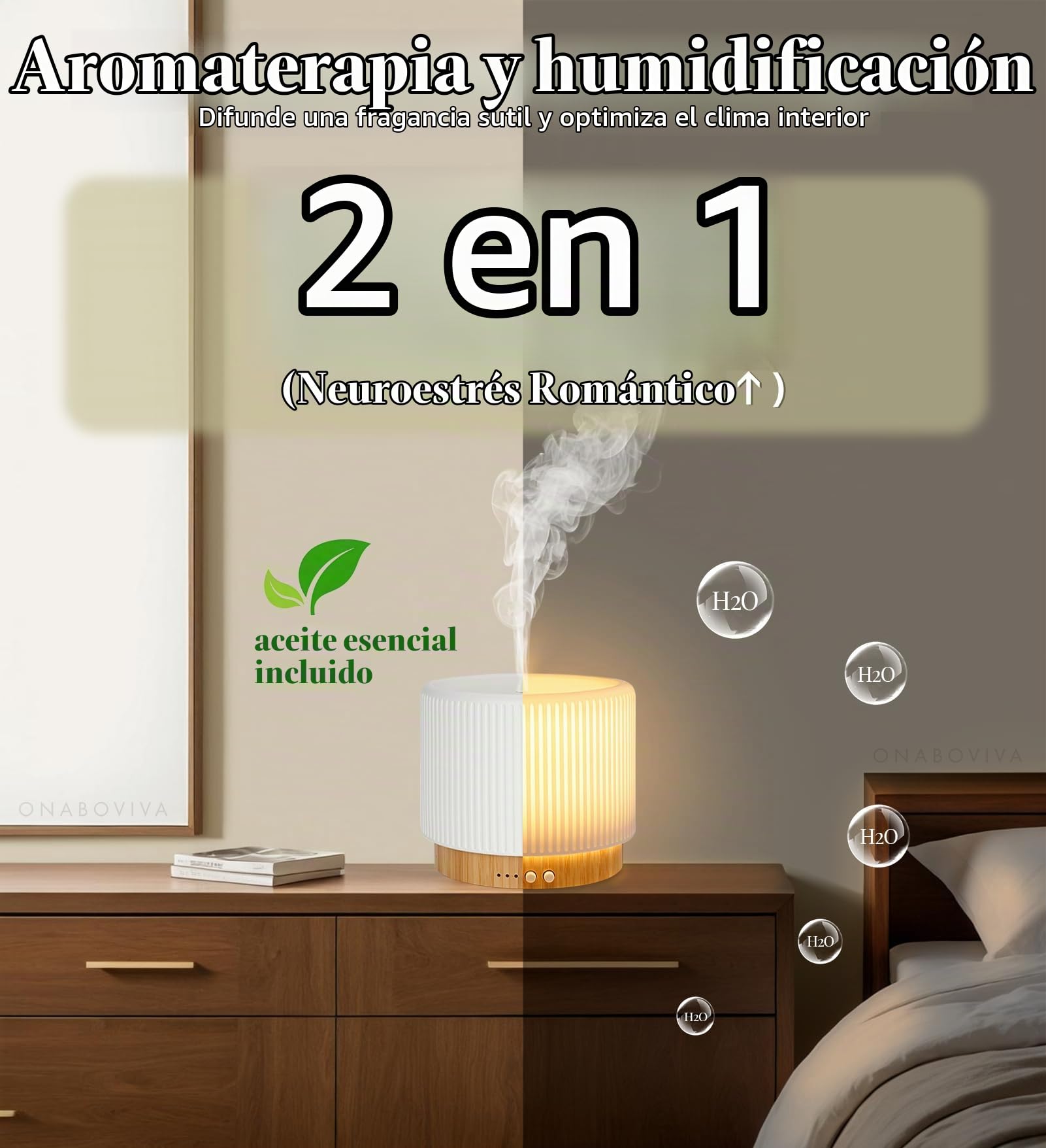 Onaboviva Buba - Difusor de aroma ultrasónico con humidificación de cerámica y bambú, luz de bienestar, temporizador, apagado automático, sin BPA, construcción silenciosa < 25 dB