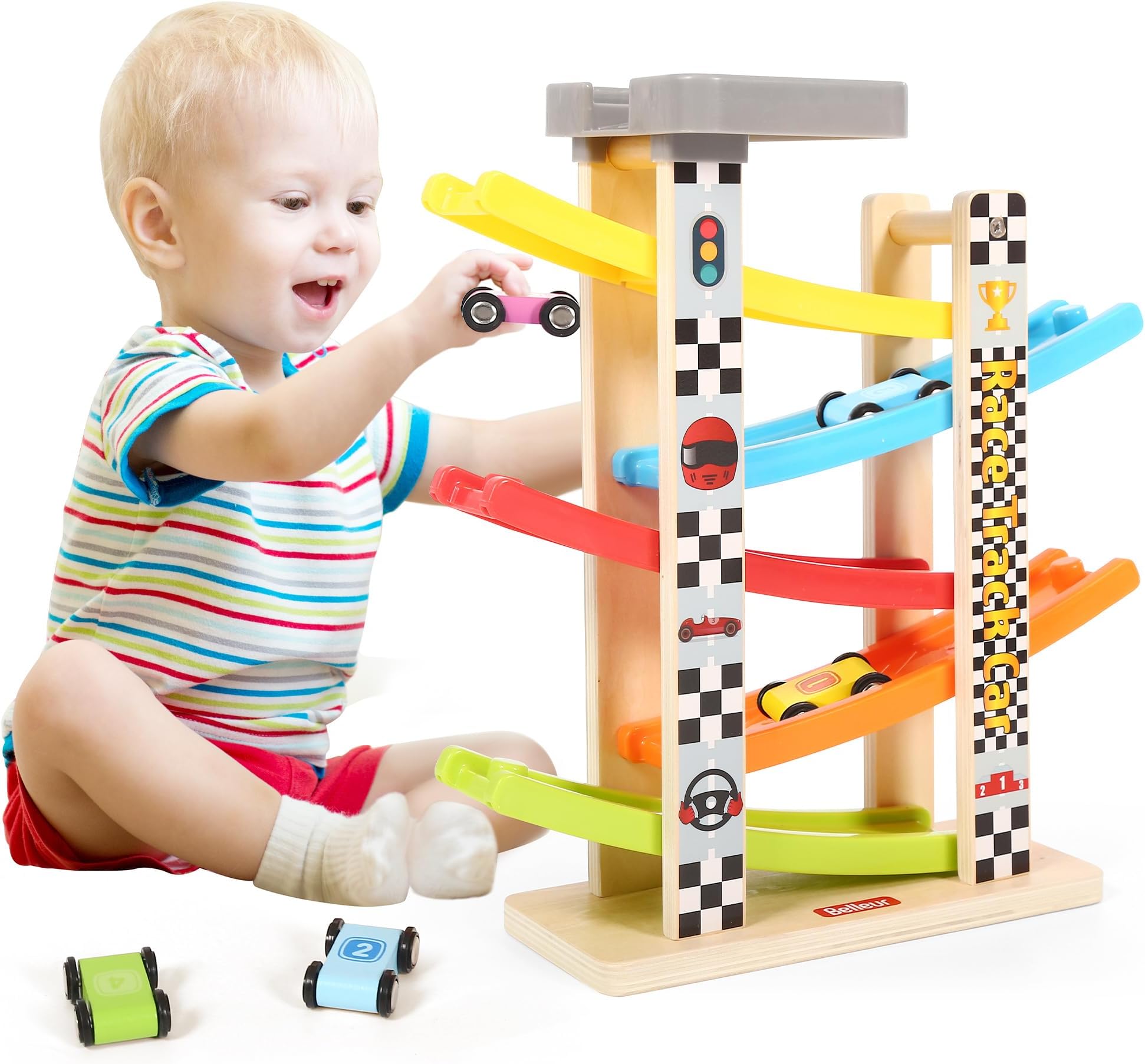 Montessori Toy for 1-3 Years Old Boys and Girls, Kid Race Track Car for Toddlers with 5 Mini Cars & 5 Ramps, Wooden Montessori Car Ramp Toy Set for Babies' Birthday Gifts, Visit Gifts