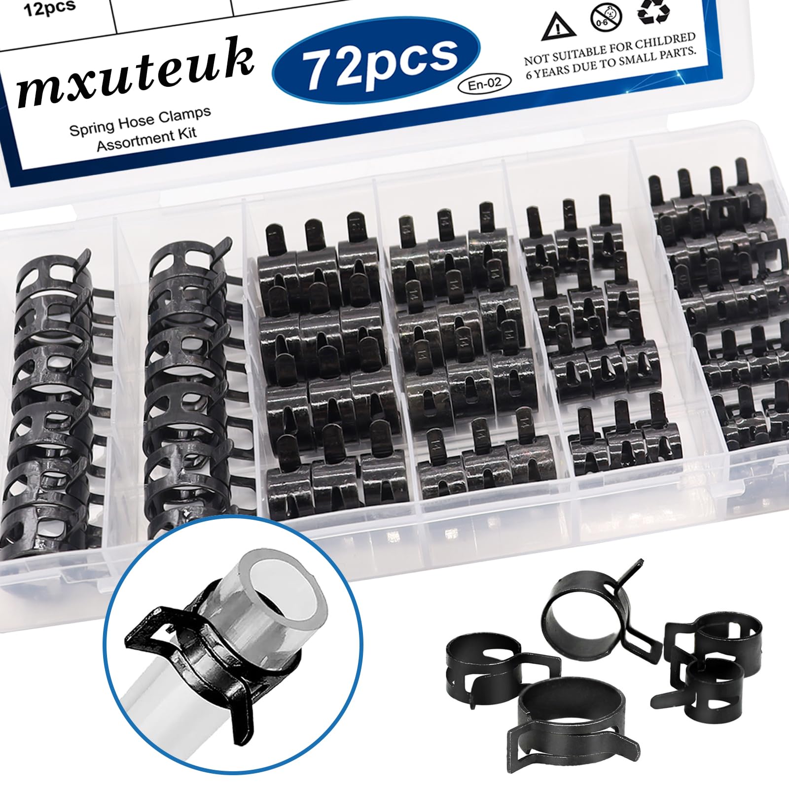 mxuteuk 72Pcs Spring Hose Clamps Fuel Line Silicone Vacuum Hose Low Pressure Air Clamps & Sleeving Automotive Replacement Fastener Assortment Kit 6 Sizes (7mm 10mm 11mm 14mm 16mm 18mm) Black - Image 4