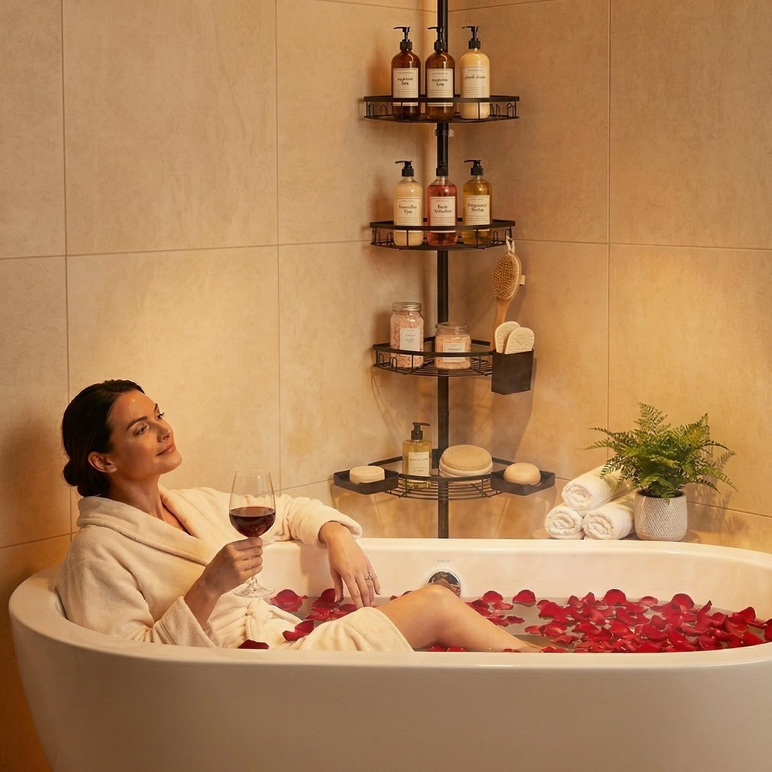 Adjustable Shower Caddy Tension Pole, 4-Tier Corner Bathroom Organizer with Soap Trays & Toothbrush Holder,43.5-120" Floor to Ceiling Shower Storage Rack, No-Drill Bathroom Accessories for Renters