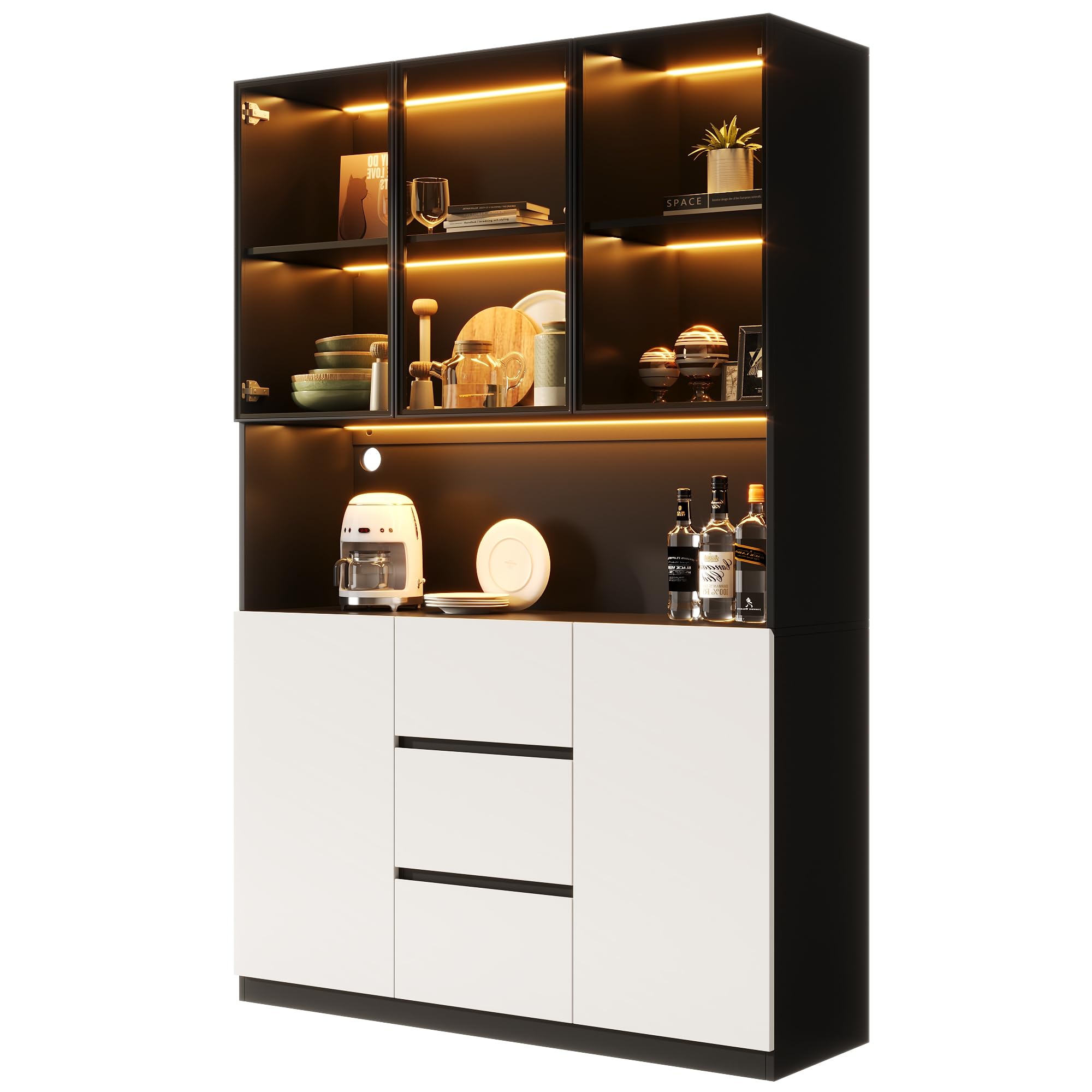 Dolamaní Armadio alto 120 × 40 × 200 cm, armadio da cucina, buffet con illuminazione a LED, scaffali aperti, 3 cassetti e 2 ante, vetrina in vetro, per soggiorno, sala da pranzo (bianco+nero)