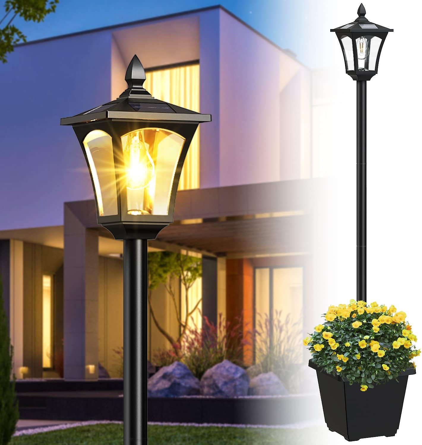 64 Inch Lamp Solar Post Light with Planter, 60 High Lumens Street Light, Waterproof for Garden, Pathway, Lawn, Driveway, Front Back Door Outdoor Pole