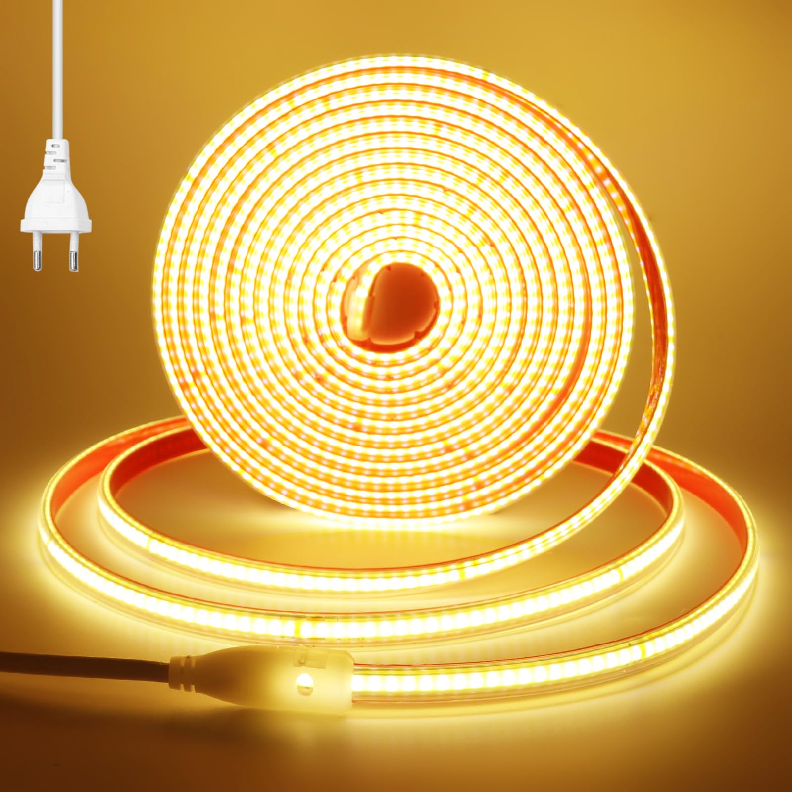 COB Streifen 35M, Anschluss an AC220-240V Selbstklebend Innen COB LED Band mit Stecker,Schnitt alle 10cm, 240LEDs/m Flexible Superhell Warmweiß LED Lichtband für Weihnachten
