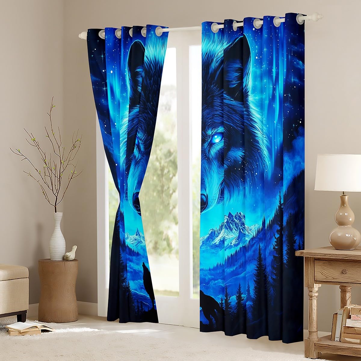 Wolf Print Fenster Vorhänge, Wildlife Wolf Tier Jagd Thema Küche Fenster Behandlungen, Blue Galaxy Schnee Berg Kiefer natürliche Fenster Vorhänge für Home Decor, 2 Panels, L Größe,Gute Schattierung