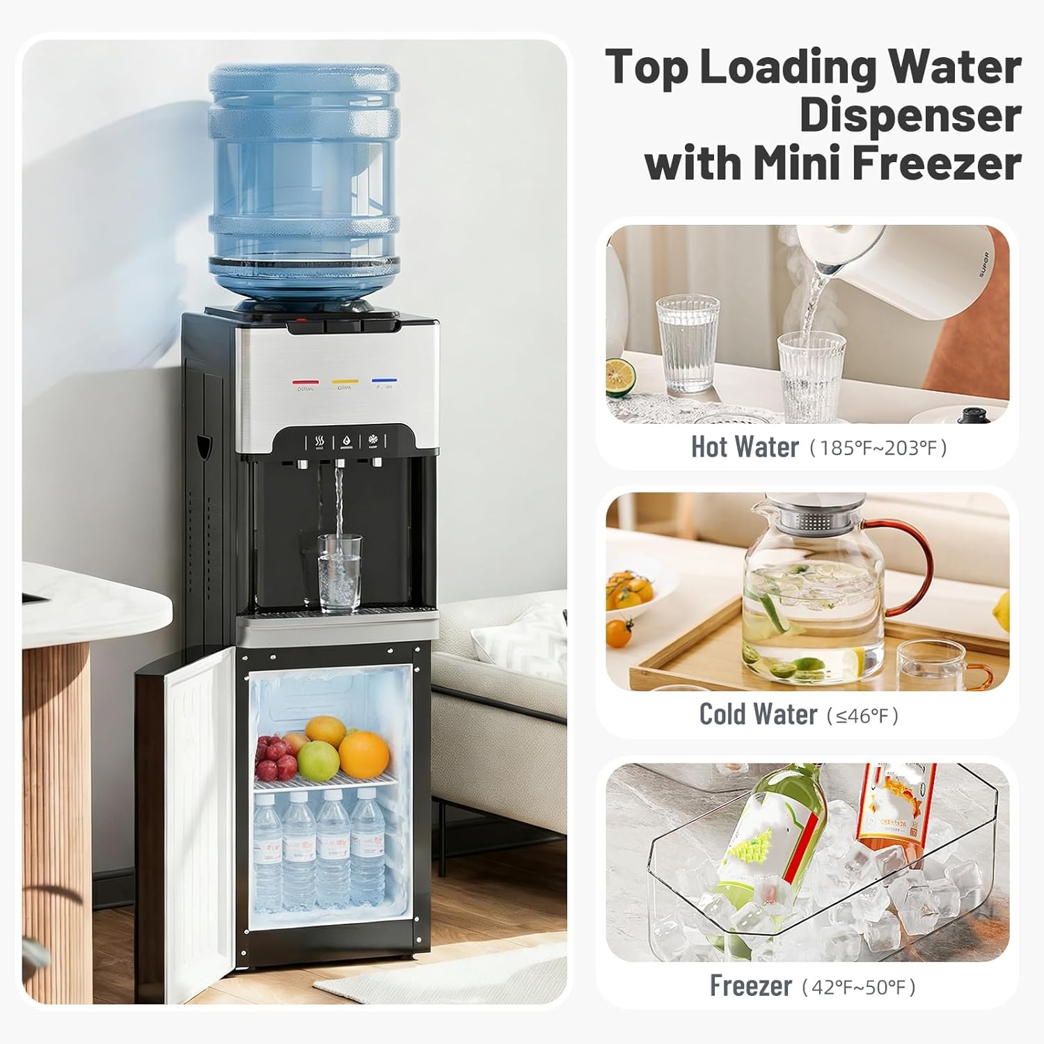 UMOMO 4-in-1 Water Cooler Dispenser with Freezer Cabinet, Hot & Cold & Room Temperature Top Loading Water Cooler for 3–5 Gallon Bottles, Child Safety Lock, Water Dispenser for Home, Office, Black