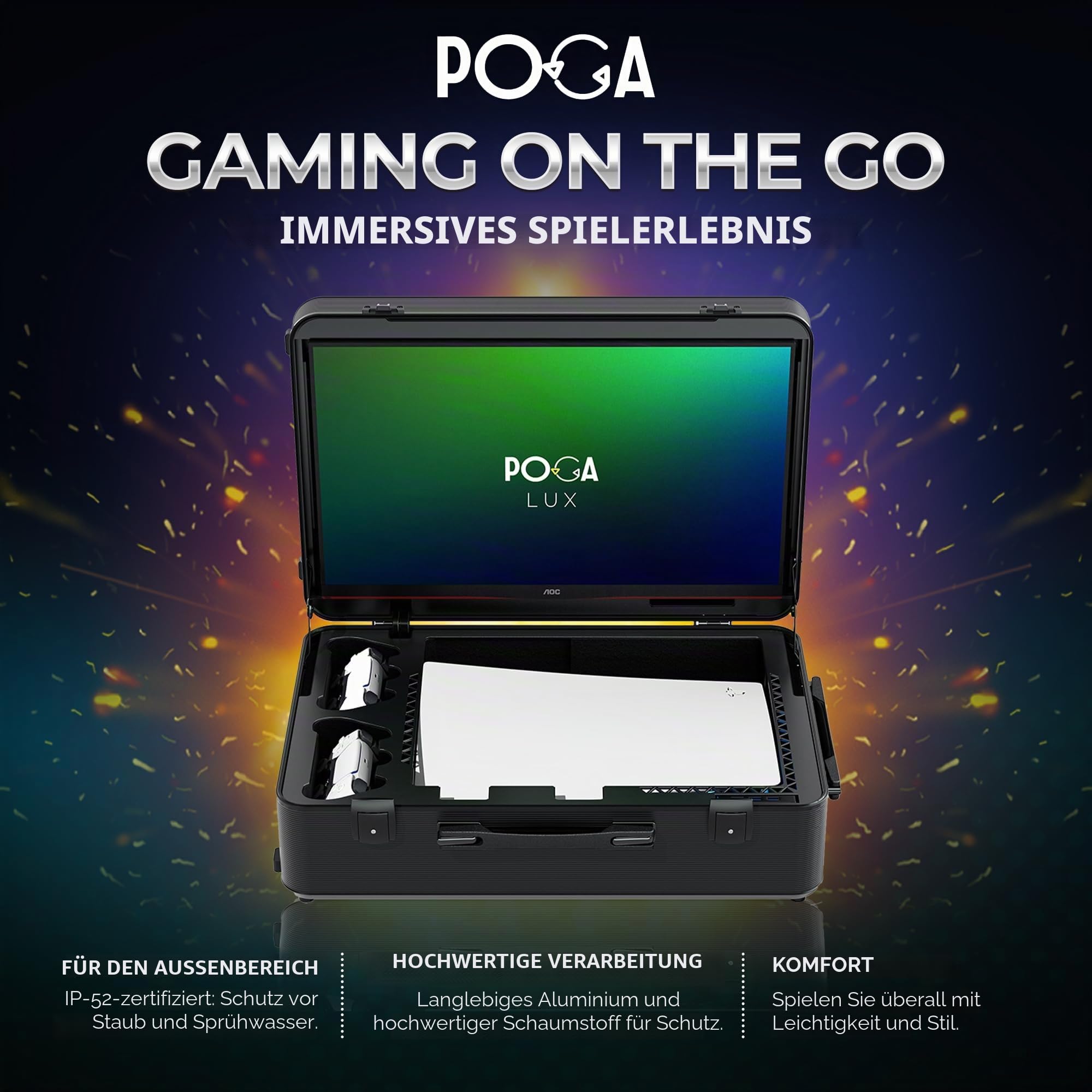 POGA Lux Black – Tragbarer Gamingkoffer (kompatibel mit PlayStation 5) mit integriertem 24″ AOC Gaming Monitor, Trolley & Reisekoffer-Design – Schwarz
