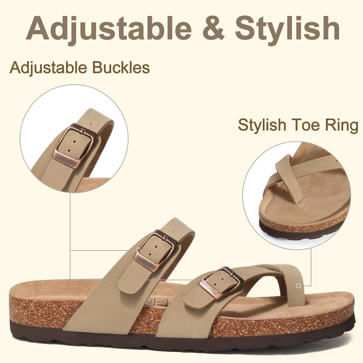 KIDMI Women's Cork Footbed Sandals, Comfortable Summer Slip-On Slides with Adjustable Buckle