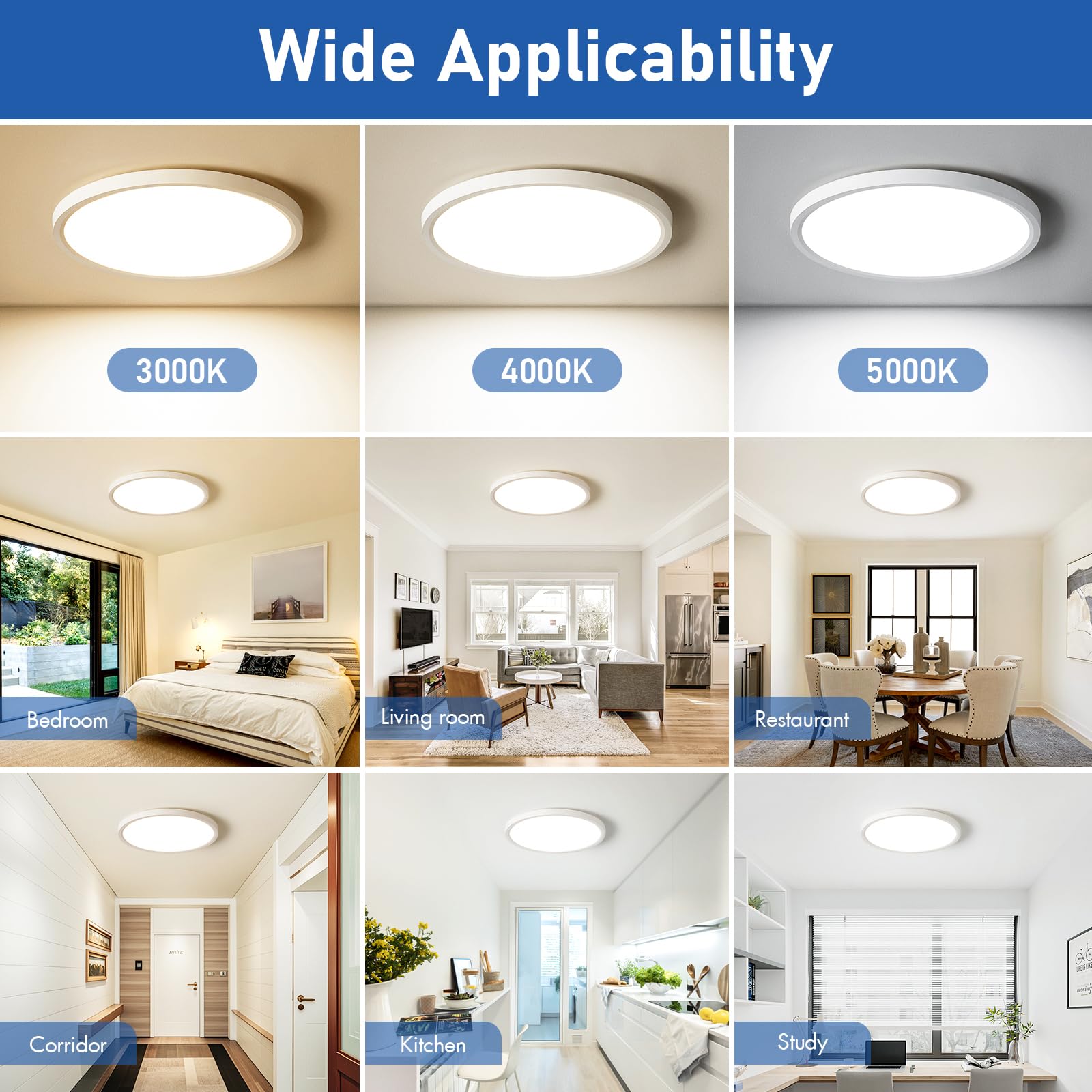 Plafonnier LED encastré fin à intensité variable de 30,5 cm, 24 W 2640 lm 3000 K/4000 K/5000 K, pour chambre à coucher, couloir, buanderie, unités de location, 240 W, blanc