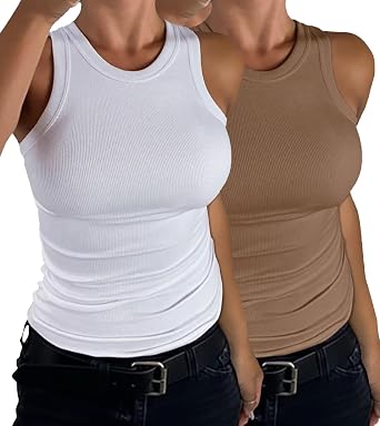 2 Piece Tank Top for Women Crew Neck Sleeveless Basic Knit Ribbed Racerback Casusal Camis
