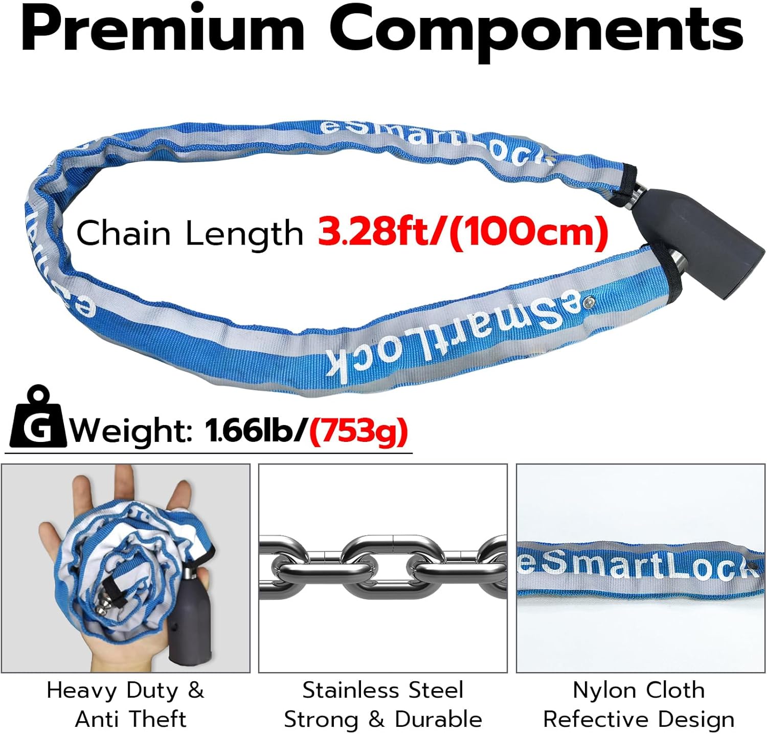 Fingerprint Bike Chain Lock, Heavy Duty Bluetooth Bike Lock Waterproof Biometric Keyless Anti-Theft Lock with 3.3 Feet Long Chain Lock for eBike Scooter Gate Ski Snowboard