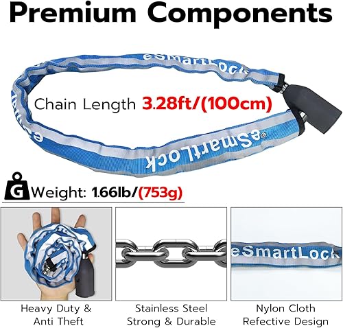 Miniatura 5 de Cerradura de cadena para bicicleta de huellas dactilares, resistente con Bluetooth, impermeable, biométrica, antirrobo, con bloqueo de cadena de 3.3