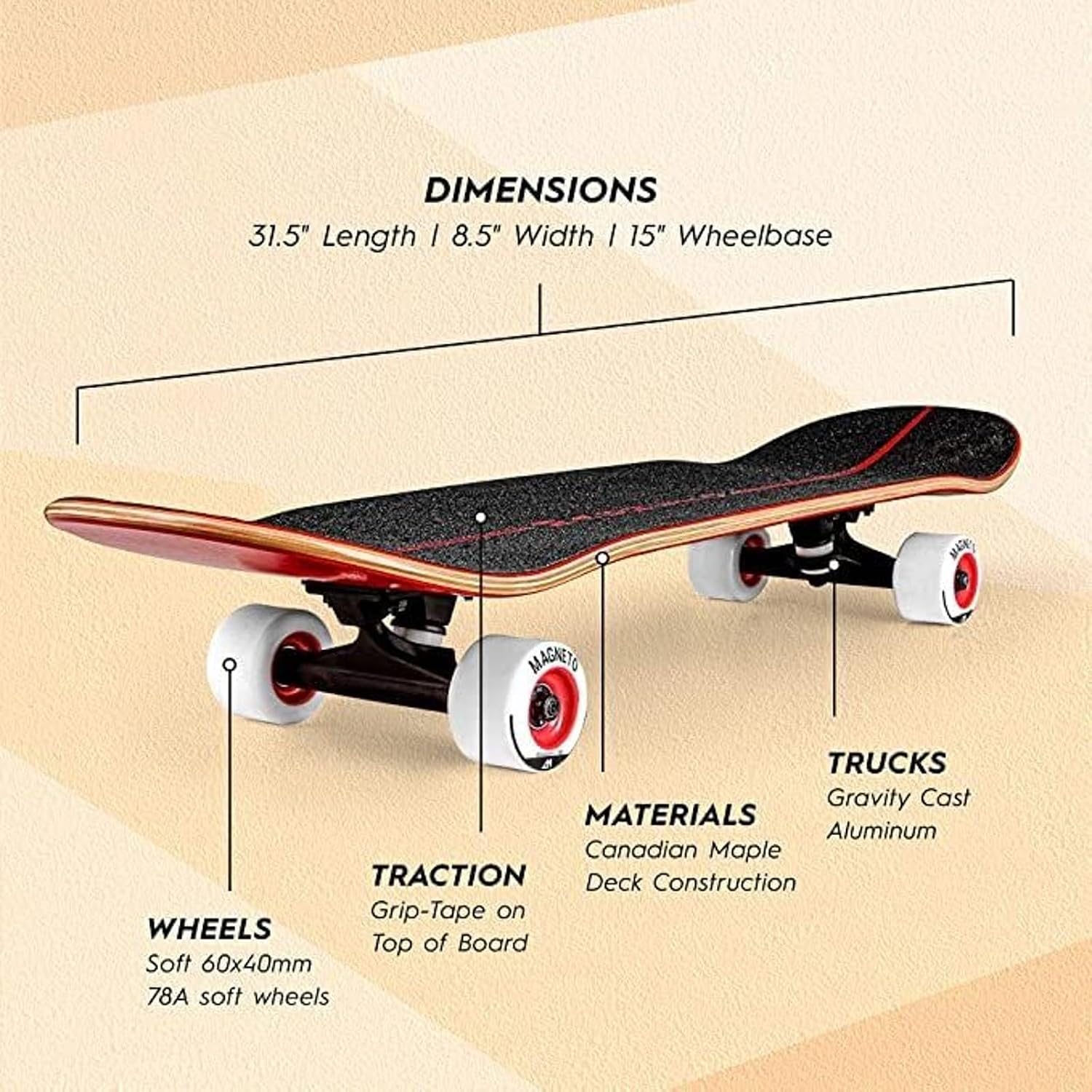 Magneto SUV Skateboards | Fully Assembled Complete 31" x 8.5" Standard Size | 7 Layer Canadian Maple Deck | Designed for All Types of Riding Kids Adults Teens Men Women Boys Girls | Free Skate Tool