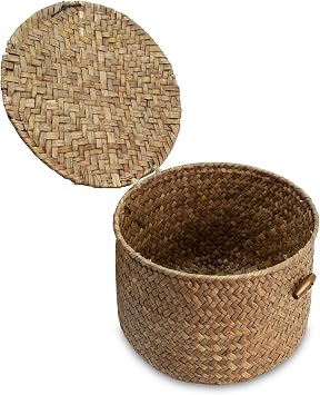 Seagrass Handmade Basket with Lid, Small Round Basket for Storage, Decorative Home Organizer Decor7"L x 7"W x 5"H, Coffee