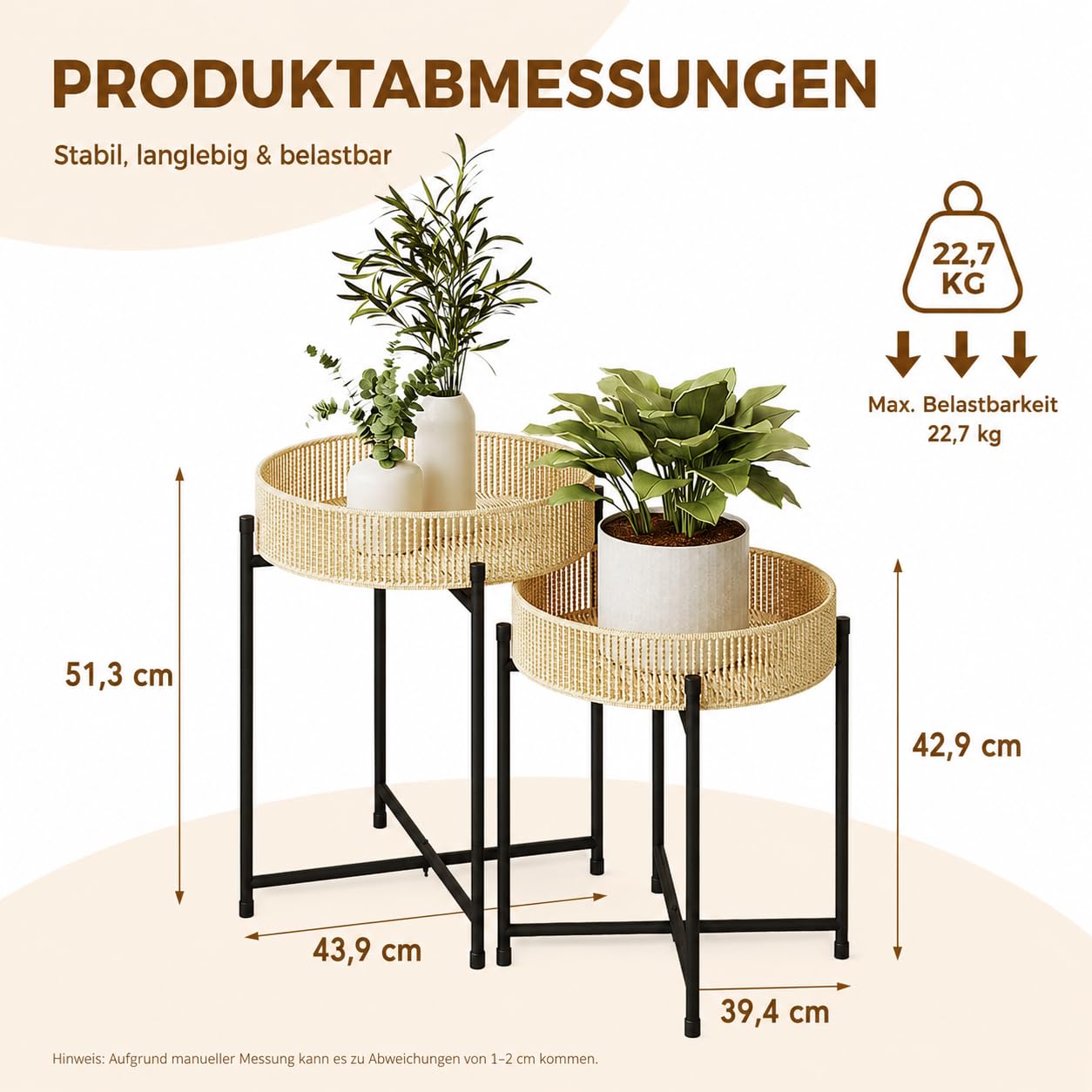 Bamworld Beistelltisch 2er Set Rund Boho Beistelltische mit Rattan Tablett & Metall Gestell Kleiner Tisch für Wohnzimmer Schlafzimmer Balkon Garten Beistelltisch Outdoor Indoor Ø44/40cm Höhe 52/43cm