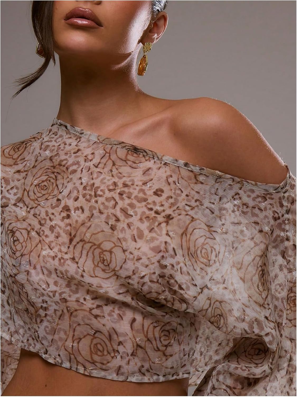 SweatyRocks Women's Floral Leopard Print Mesh Crop Top Off Shoulder Long Sleeve Asymmetrical Night Out Tops - Image 4