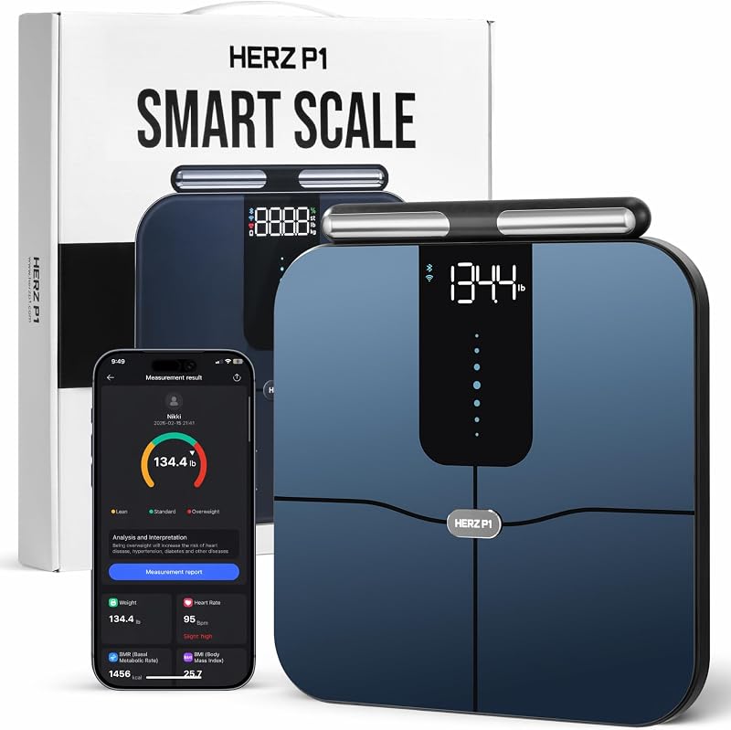 Báscula inteligente Herz P1 - Báscula de composición corporal de 8 electrodos con mango | IMC, grasa corporal, masa muscular, peso corporal BIA de doble frecuencia para la aplicación de seguimiento de precisión rastrea 56 métricas de salud y estado físico