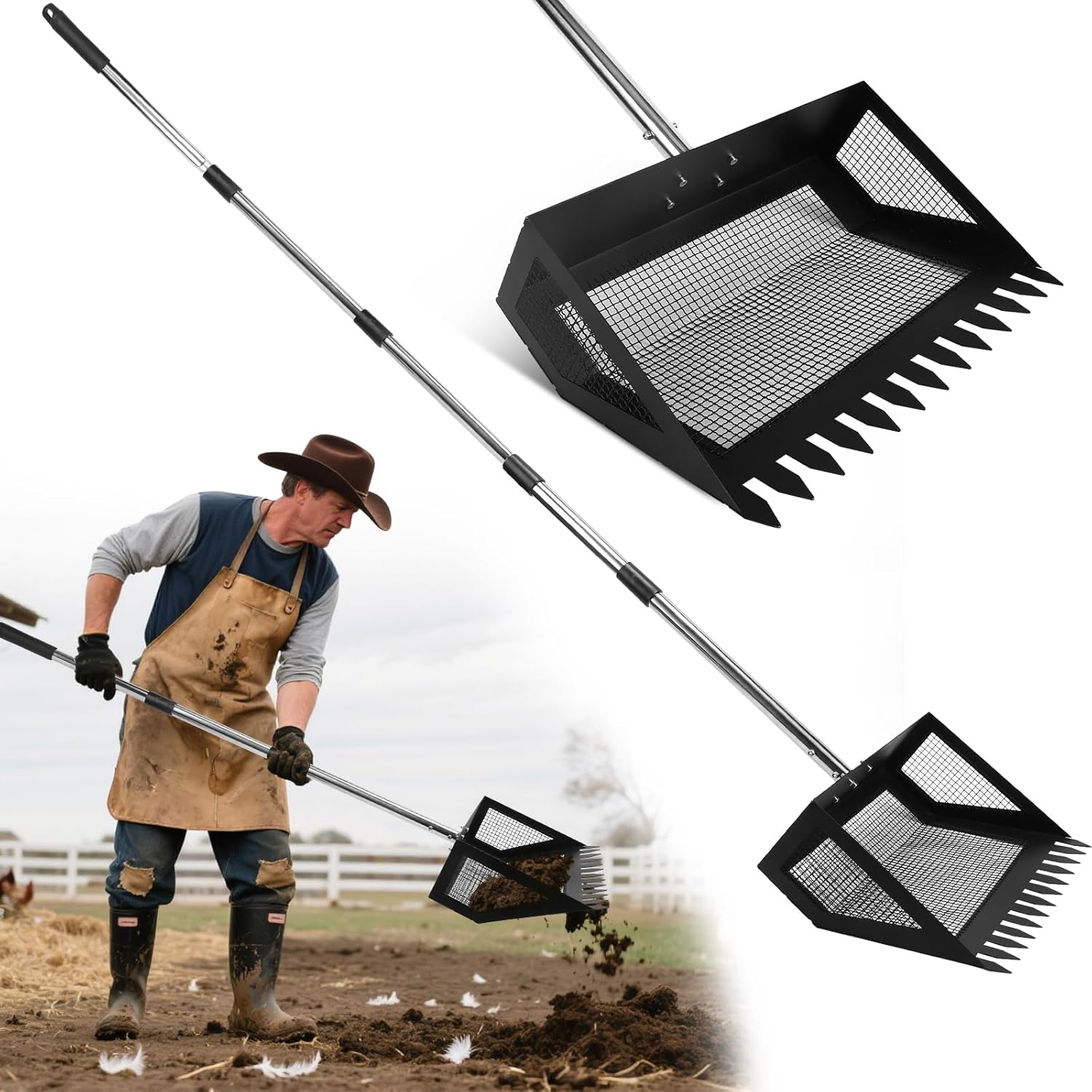15inch Extra Large Chicken Poop Scooper,Adjustable Chicken Coop Scooper for Poop,Stainless Steel Chicken Poop Scooper Rake with 24 to 68" Handle,Litter Scooper Sifting Shovel Chicken Coop