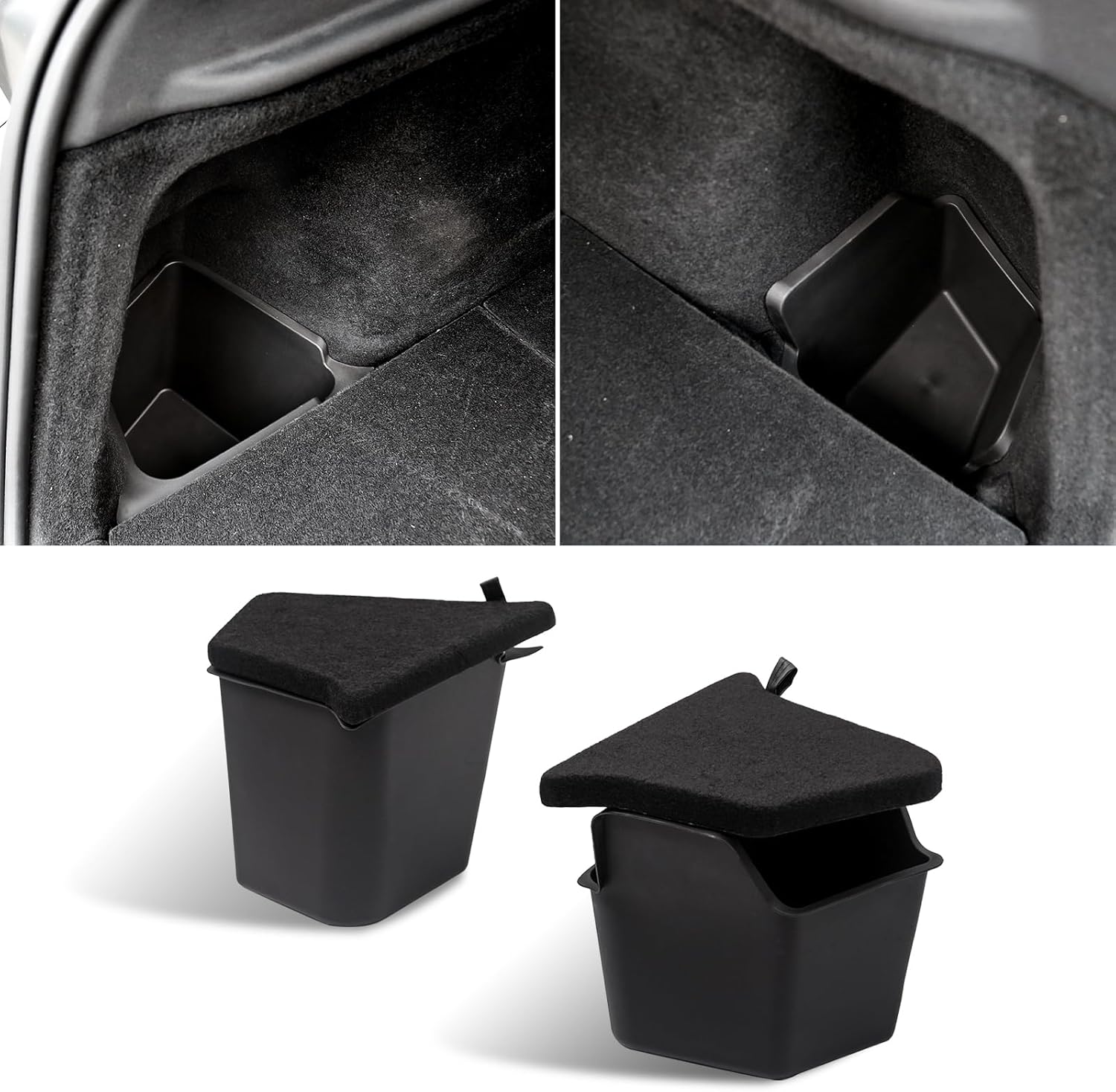 Trunk Storage Bins for Tesla Model Y Juniper 2025 2026 Trunk Side Organizer Boxes with Double-Layer Reinforced Carpeted Lids