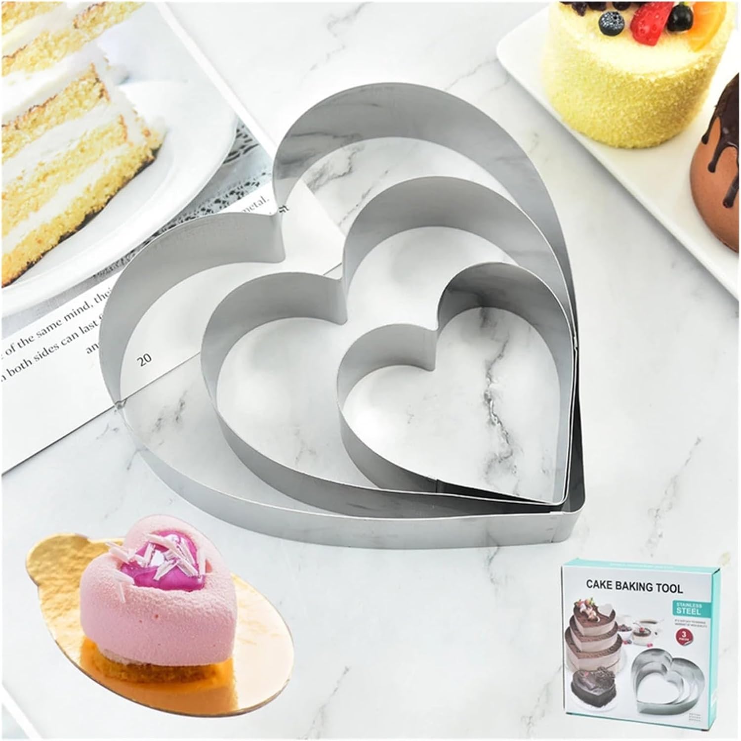Set(3pcs) Stainless Steel Mousse Ring Mold 3-Piece Set Heart-Shaped Dessert Biscuit Mold Kitchen Baking Tool for Baking
