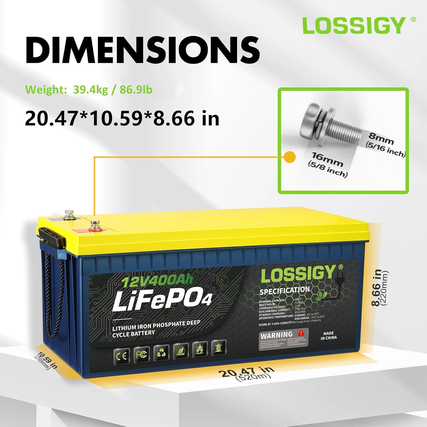 LOSSIGY 12V 400AH Lifepo4 Deep Cycle Lithium Battery, Built in 250A BMS, 10 Yrs Lifespan, Prefect for Solar System, RV, Best for Replacement Your Olds.