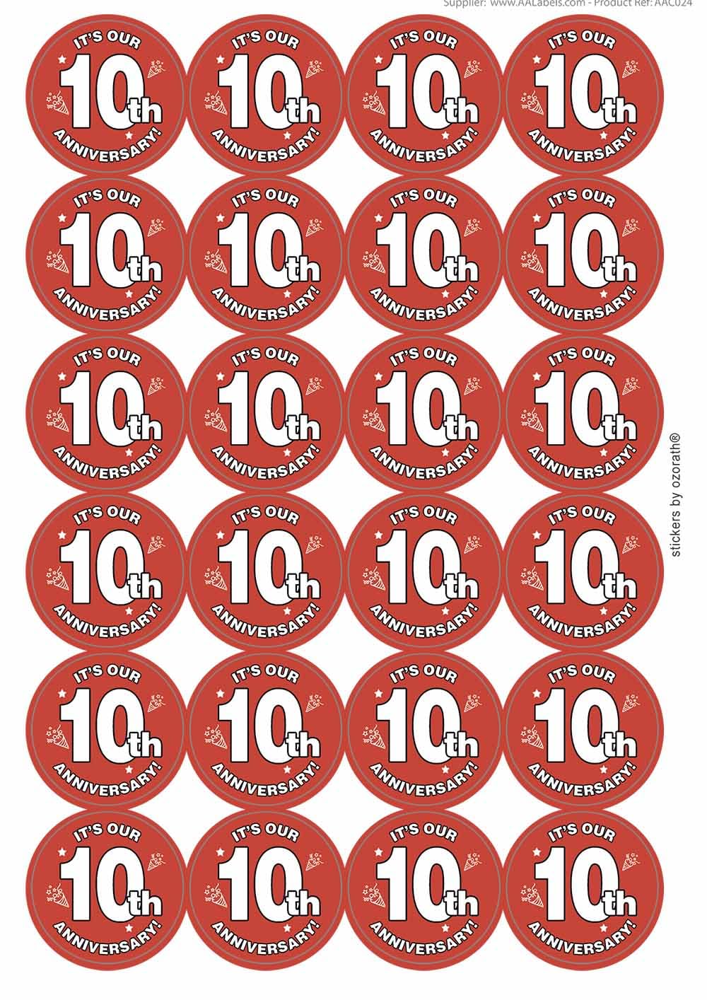 It's Our 10th Tenth Anniversary Circular Matt Paper Stickers A4 Sheet of 24 (Each Sticker is 45mm Diameter)