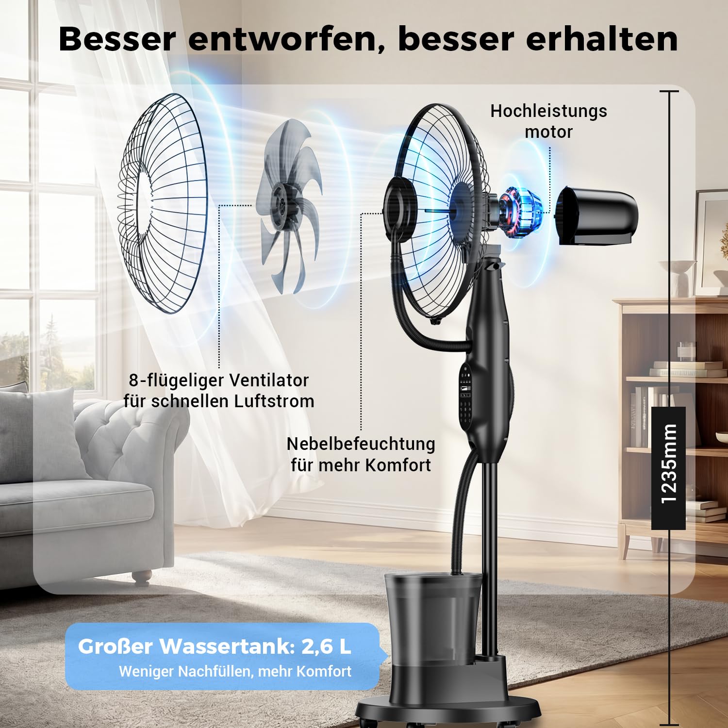 NebulaFlow Standventilator mit Wassersprüher, 3-in-1-Kühlung & Befeuchtung, Oszillierender Bodenventilator, 9 Geschwindigkeiten, 3 Modi, Fernbedienung, Leiser Schlafzimmerventilator, 1 Stück