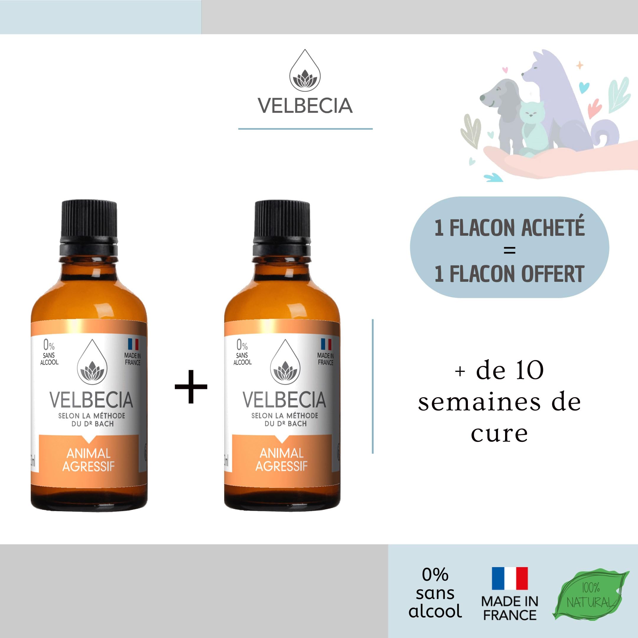 Velbecia® Animal agressif 50ml +1 OFFERT Elixirs de fleurs SANS ALCOOL - Méthode du Dr Bach - Dangereux, méchant, imprévisible, attaque, grogne