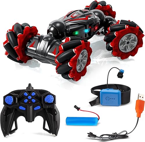 Miniatura 7 de Deejoy Coche de acrobacias RC rojo 112, 2.4GHz 4WD, control remoto, sensor de gestos, vehículo todoterreno giratorio de doble cara, giros de 360 con