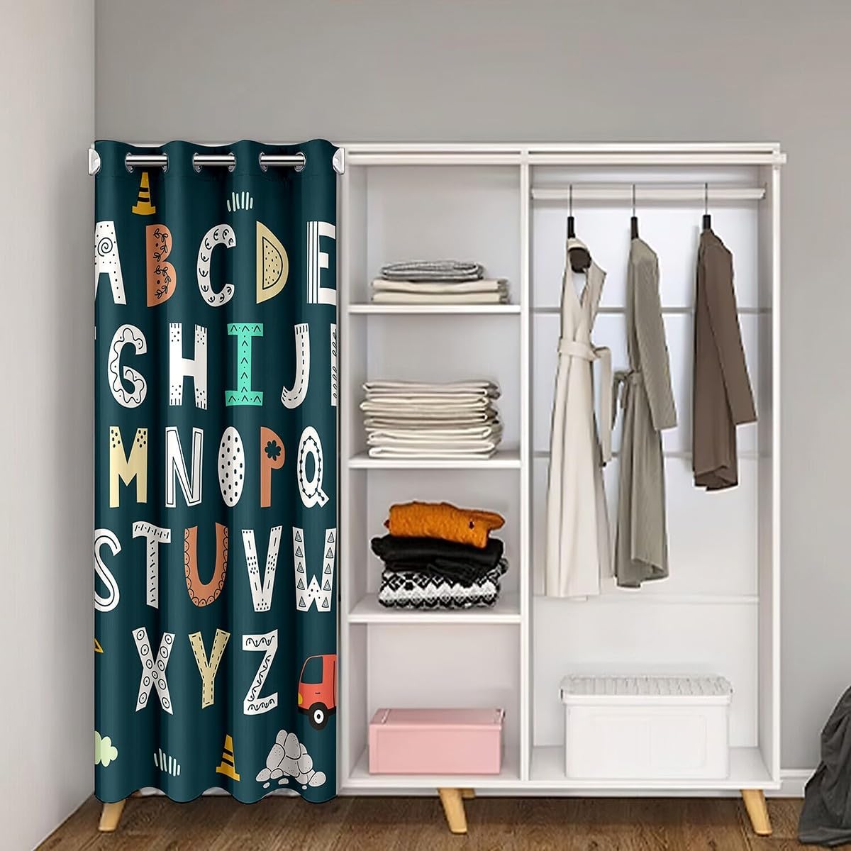 Colorful Alphabet Door Curtain for Doorways Privacy Cartoon Letters Blackout Curtain Truck Excavator Vehicle Doorway Curtain for Kids Teens Adults Tower Crane Door Drape, 34" W X 80" L