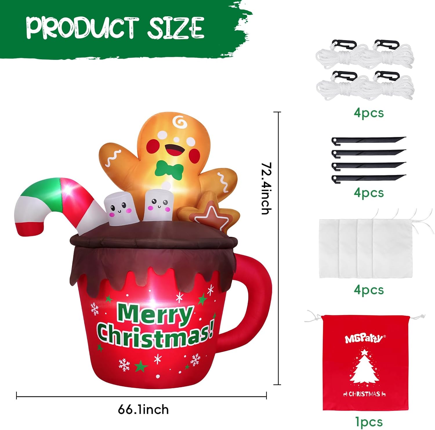 6FT Christmas Inflatables Outdoor Decorations, Gingerbread Christmas Inflatable Hot Cocoa Mug with Built-in LEDs Blow Up Christmas Decoration for Garden Lawn Yard Patio Xmas Inflatable - Image 3