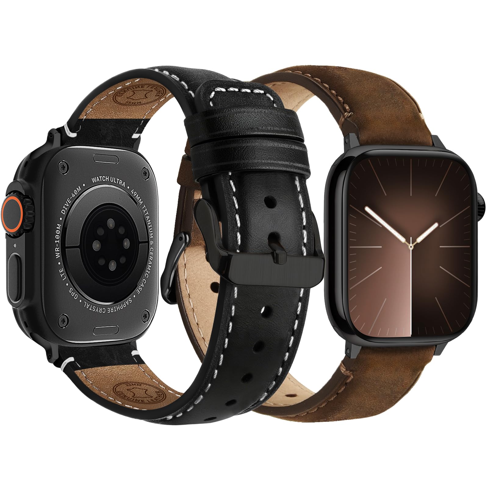 Fullmosa Leather Bands Compatible with Apple Watch Straps 49mm 46mm 45mm 44mm 42mm,Top Grain Leather iWatch Band for Apple Watch Ultra SE Series 11 10 9 8 7 6 5 4 3 2 1,Coffee+Black/Black+Black