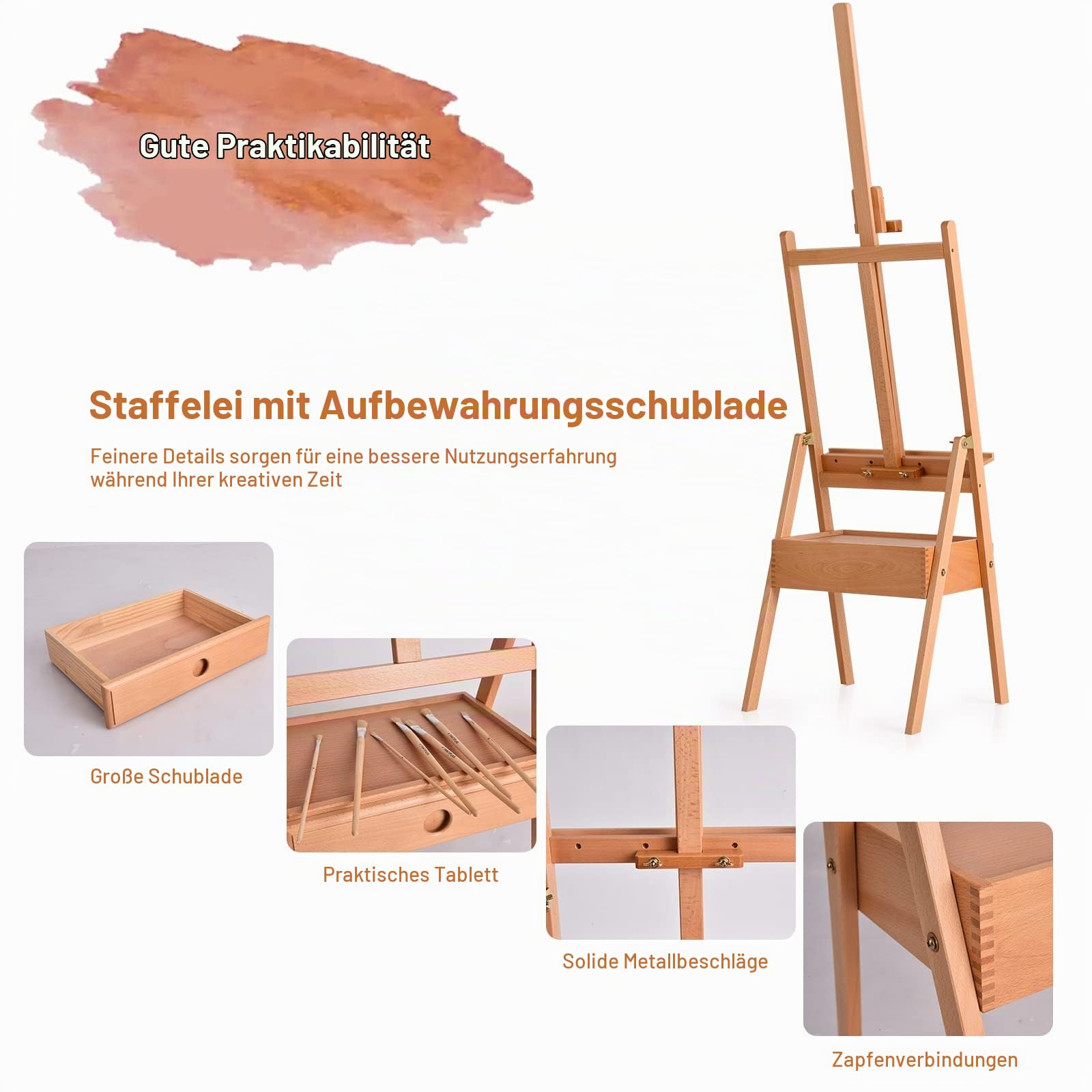 LIFEZEAL Staffelei, Höhenverstellbare Künstlerstaffelei mit Schublade, Atelierstaffelei aus Buchenholz, Freistehende Bodenstaffelei für Klassenzimmer, Zuhause & Feld, Innen & Draußen (6)