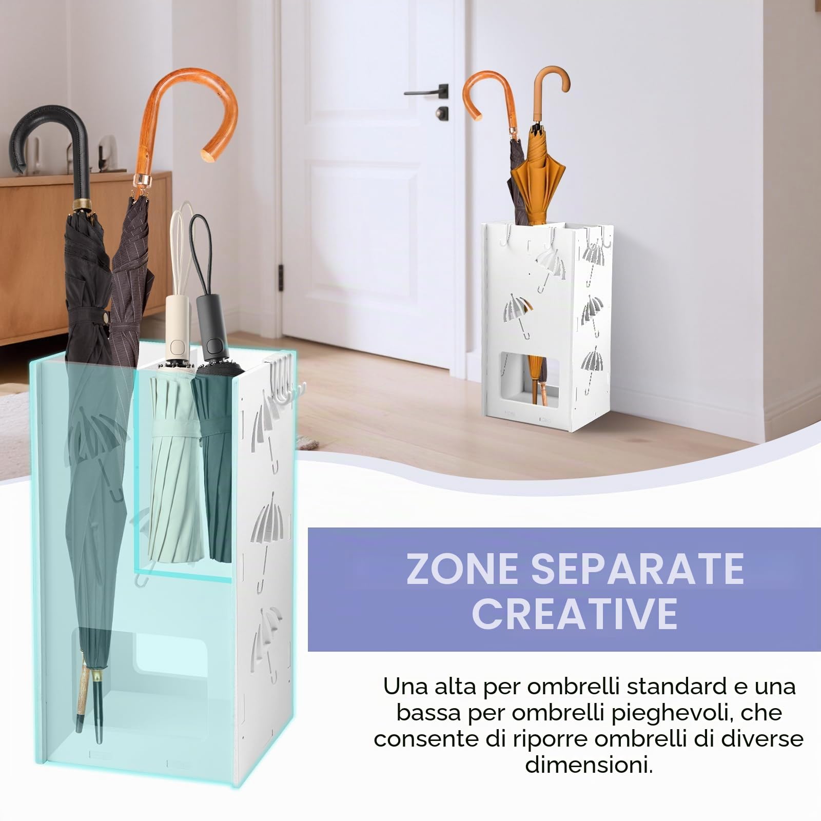 Portaombrelli con 2 scomparti, portaombrelli, con 4 ganci, motivo ombrello per ombrelli lunghi/corti, per casa e interni, 25 x 43 x 15 cm