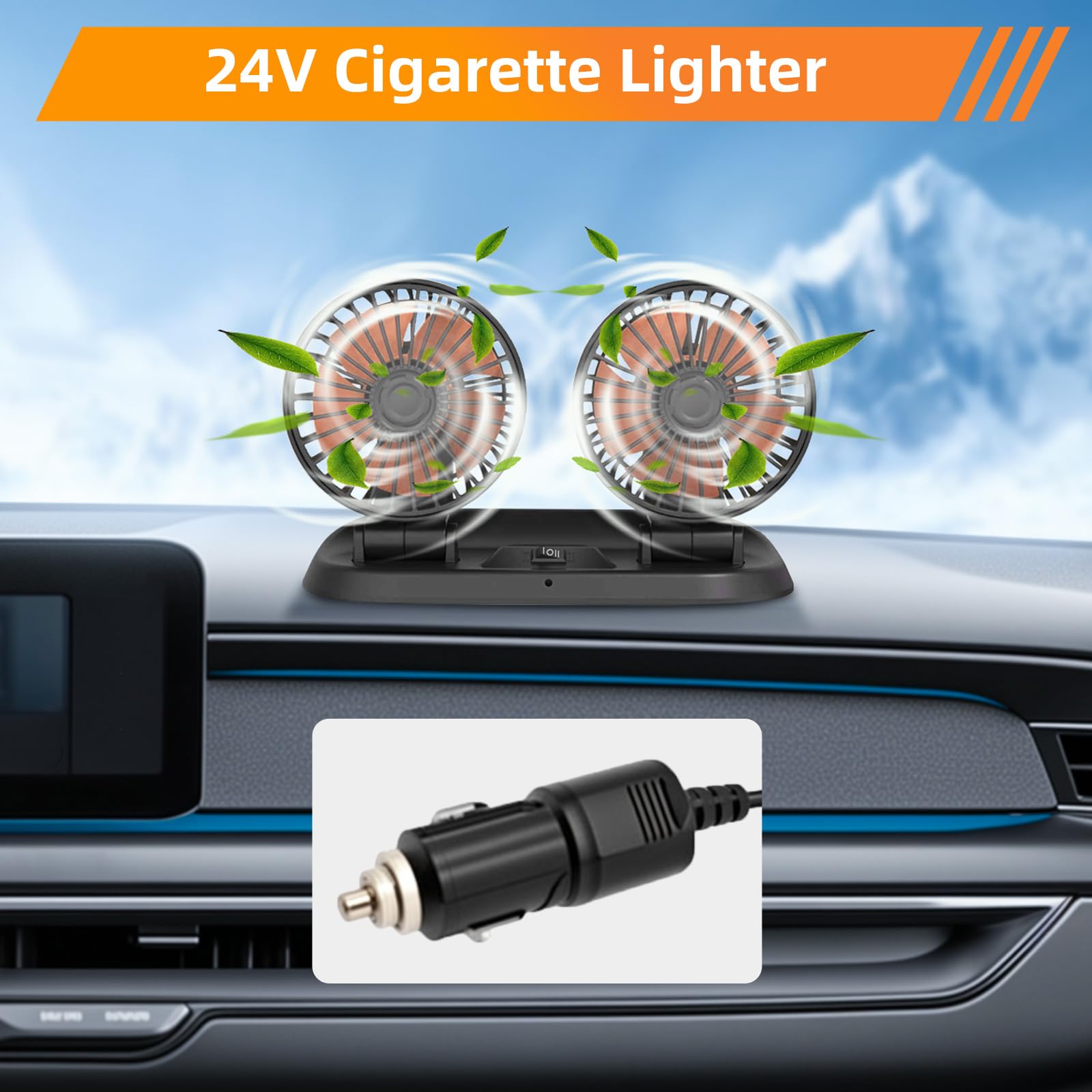 Baceyong Ventilateur de refroidissement de voiture à double tête 24V avec port allume-cigare pour camion, camionnette, SUV, camping-car, bateau, 360° horizontal 180° vertical pivotant réglable
