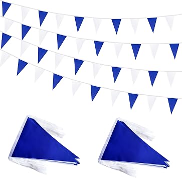 100 Feet 60 Pcs Blue and White Pennant Banner Flags String Hanging Triangle DIY Flags, Bunting Streamers Decorations for Grand Opening, Birthday, Wedding, Party Celebration Blue and White