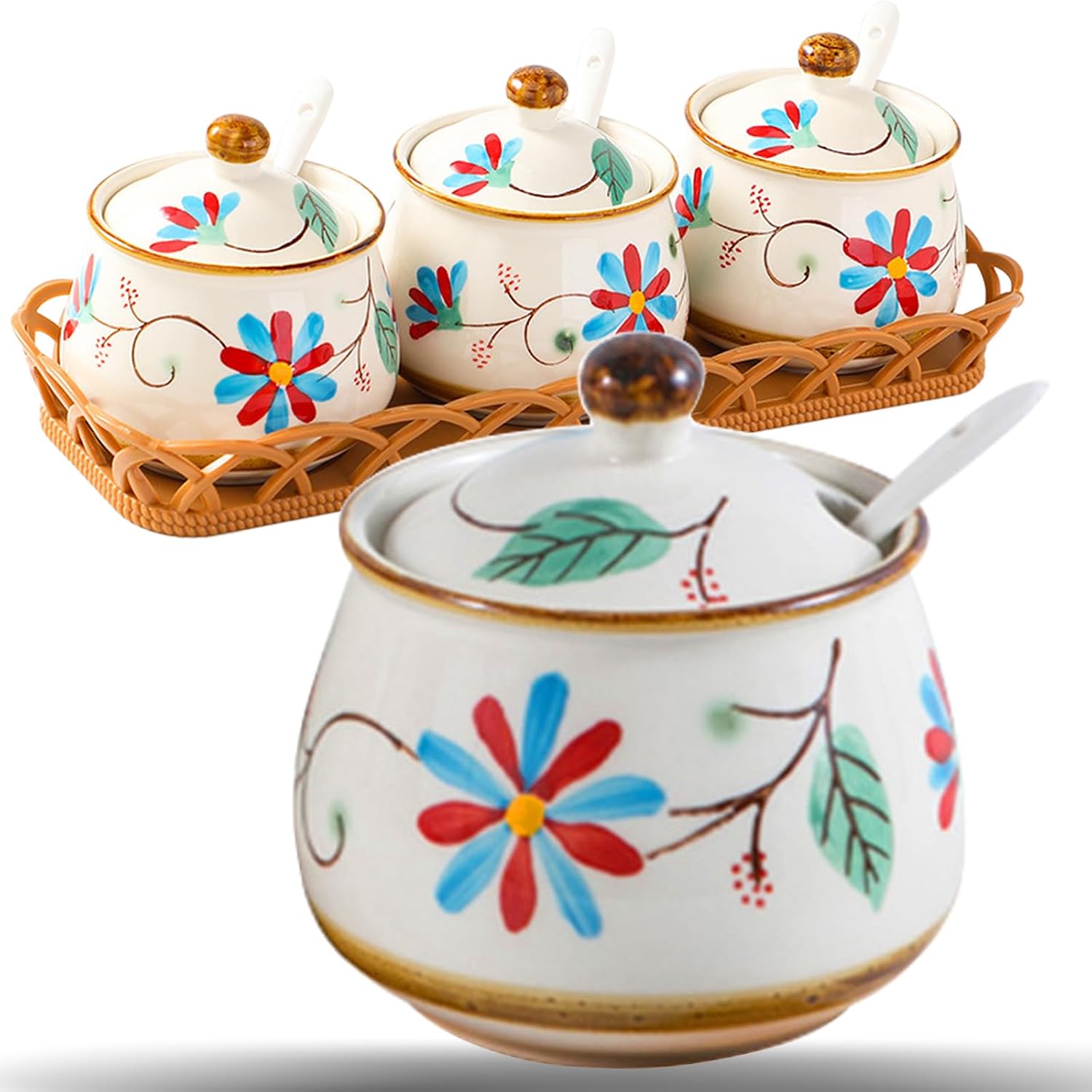 Kitchen Ceramic Condiment Jars with Lids and Spoons, 3 Piece Porcelain Seasoning Jar Set for Salt Spice Pepper Suger Bowl, Coffee Tea Container Pot with Serving Tray - Purple Flower