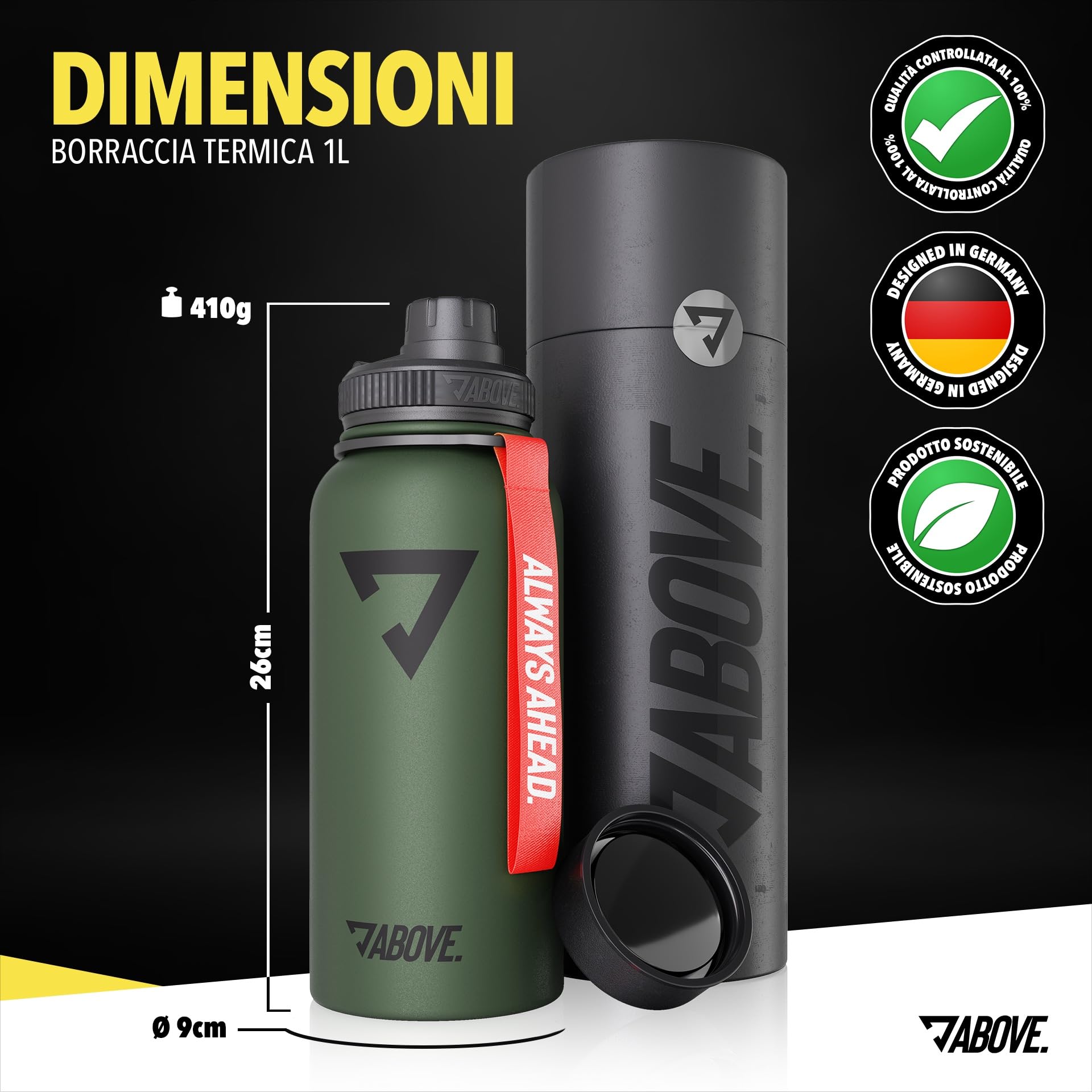 ABOVE. Borraccia Termica 1L in Acciaio Inox – Senza BPA, Doppia Parete Isolante – Mantiene Caldo 12h e Freddo 24h – 2 Tappi Inclusi per Sport e Outdoor I Scatola Regalo di Alta Qualità (Oliva)