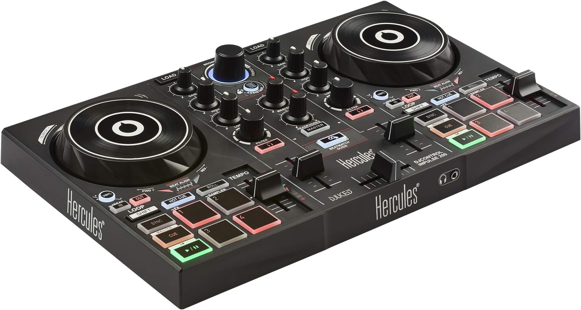 Hercules DJControl Inpulse 200 – DJ controller with USB, ideal for beginners learning to mix - 2 tracks with 8 pads and sound card - Software and tutorials included