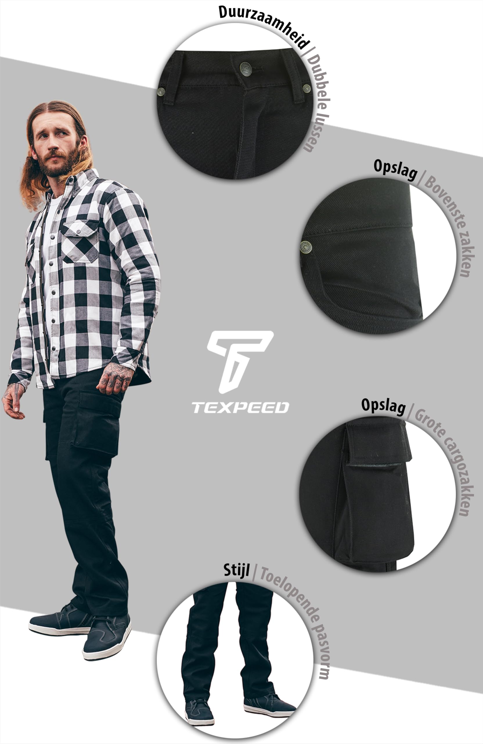 Motorbroek voor heren 6 zakken zwart denim cargo jeans met protectoren - Verkrijgbaar In Alle Maten - Texpeed - M Taille/Kort Beenmaat