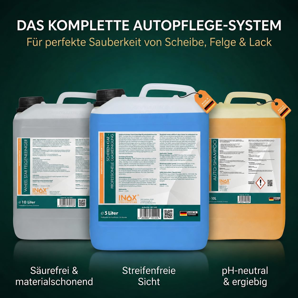 INOX® Scheibenreiniger Konzentrat 4 x 5 L – Scheibenwischwasser-Zusatz für Autoscheiben | Universeller Glasreiniger für Wischwasser | Konzentrat für Glatte Oberflächen