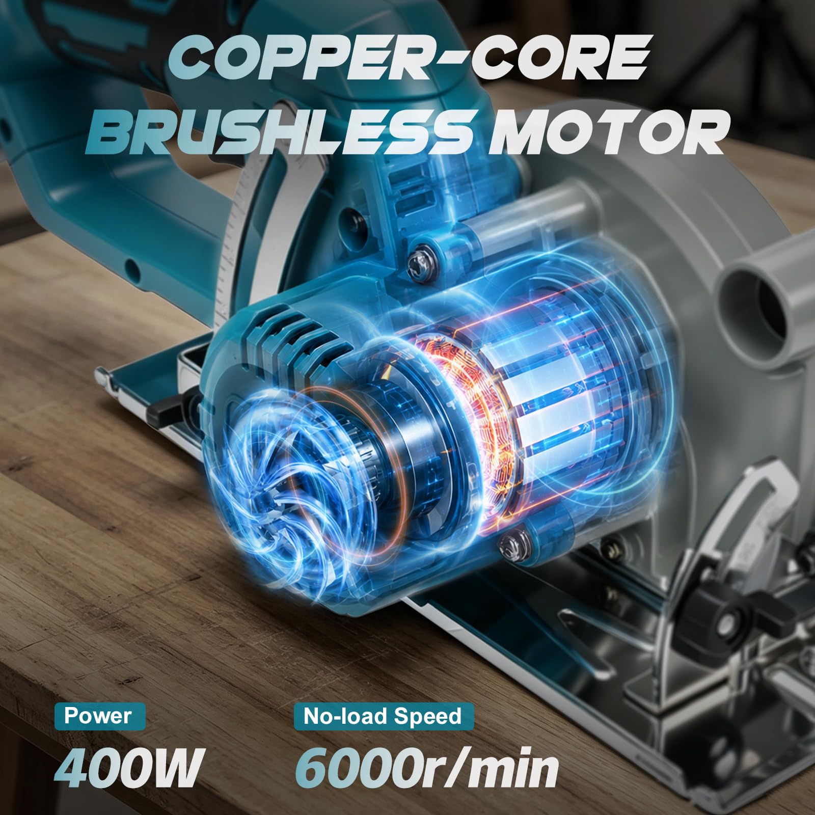 Sierra Circular a batería 6 Pulgadas para Makita 18V (sin Batería) | 400 W, mini sierra circular sin escobillas, 3 hojas, inclinación 45°, corte máx. 54 mm, Guantes, Gafas